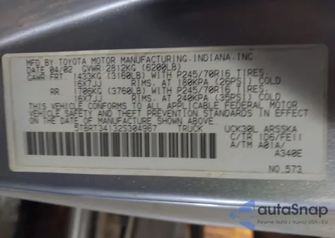 2002 Toyota Tundra Sr5 V8 z USA, uszkodzony, nr VIN 5TBRT34132S304967